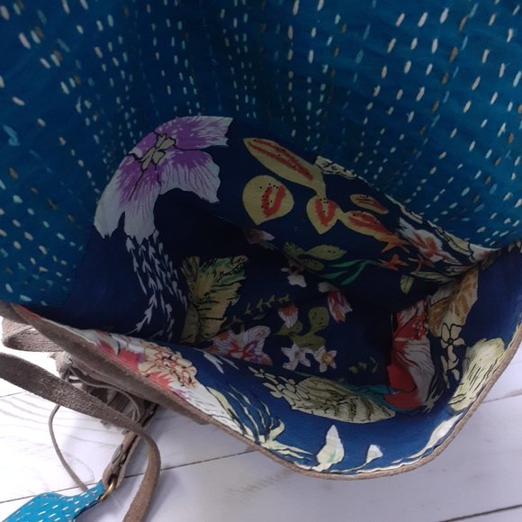 Noonday Collection Kantha Foldover Crossbody Bag Suede Leather Cotton BrownBlue - Picture 13 of 16